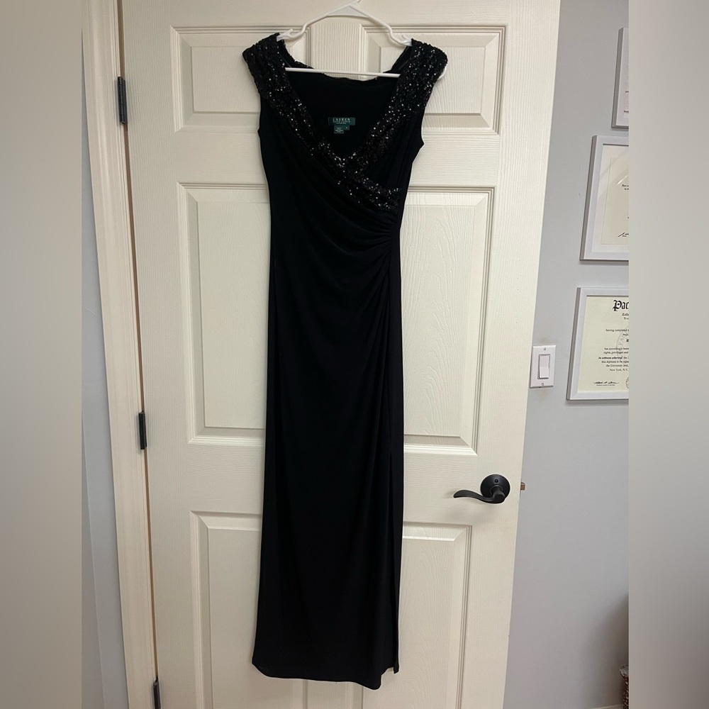 Black Ralph Lauren evening gown with sequins worn once.